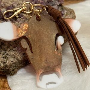 Handcrafted Brown and White Cow Keychain with Leather Tassel
